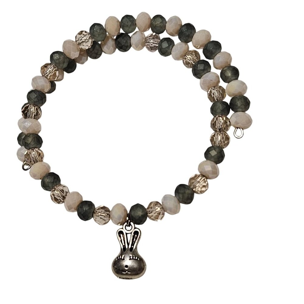 Bunny Charm Beaded Coil Stretch Bracelet Silver Tone Fashion Jewelry Women